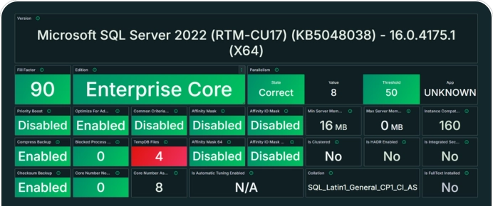 Microsoft SQL Server 2022 configuration and status dashboard in Coyote Monitor, displaying Enterprise Core edition, configuration parameters, and best practices status.