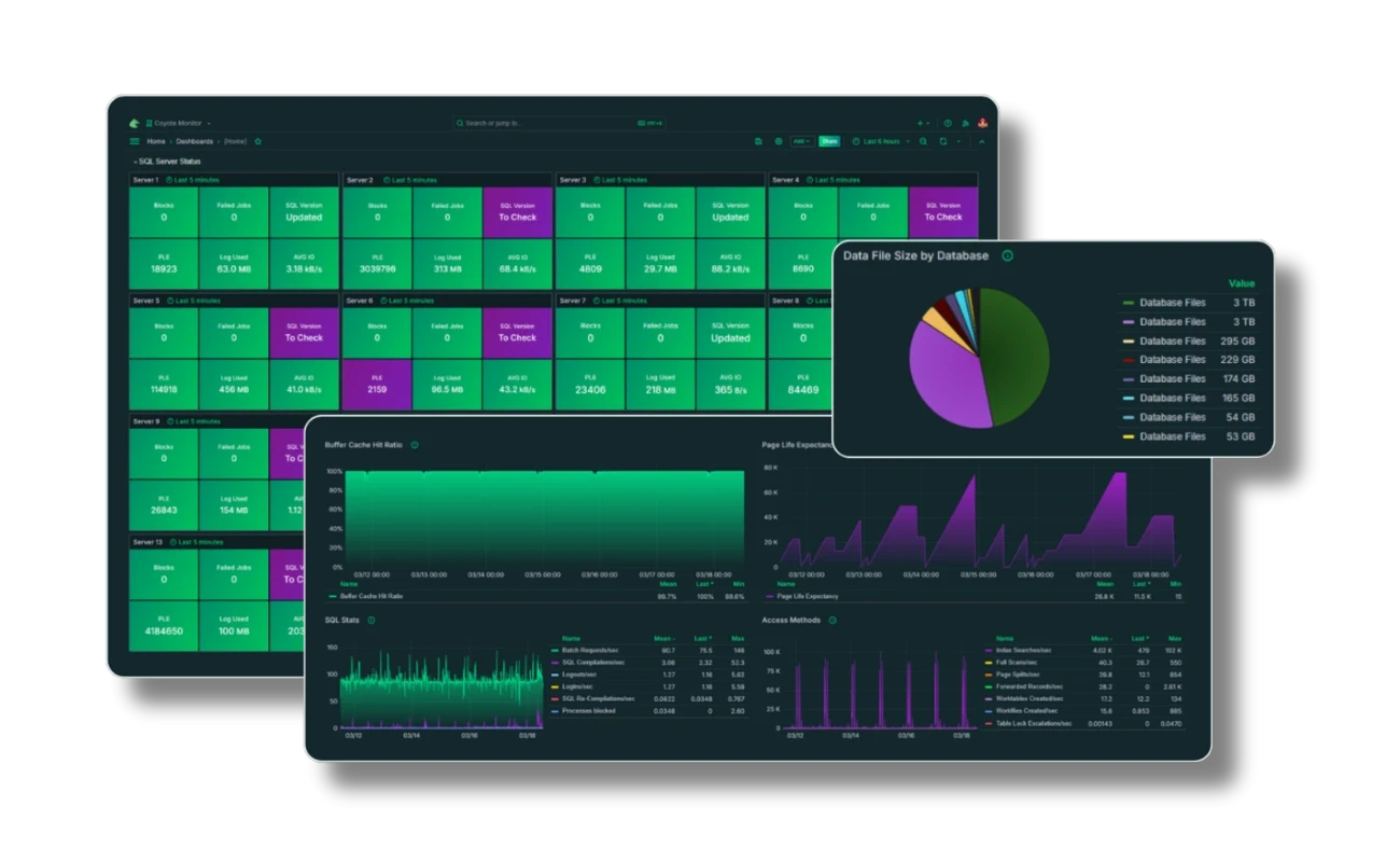 Coyote Monitor database monitoring solution dashboard showing SQL Server metrics and performance charts