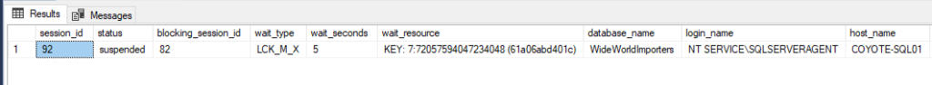 Query result showing blocked sessions with wait_type LCK_M_X