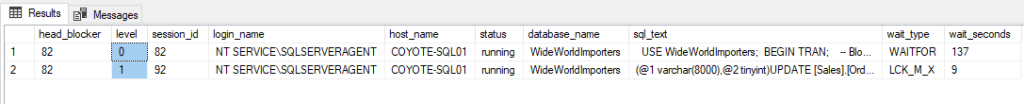 Query result showing a blocking chain with head_blocker, levels, and queries