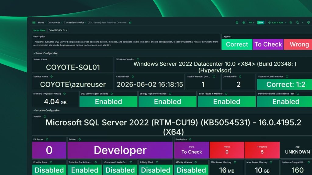 Best Practices SQL Server panel with the list of evaluated settings and their status (OK / needs review) across several instances